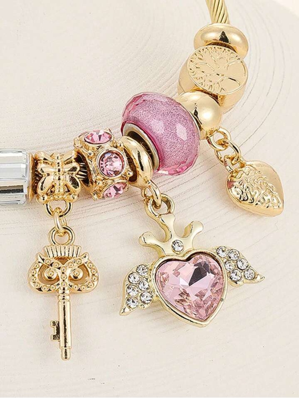 NEW Stainless Steel Gold Charm Bangle Bracelet | Pink Heart Key Luxury